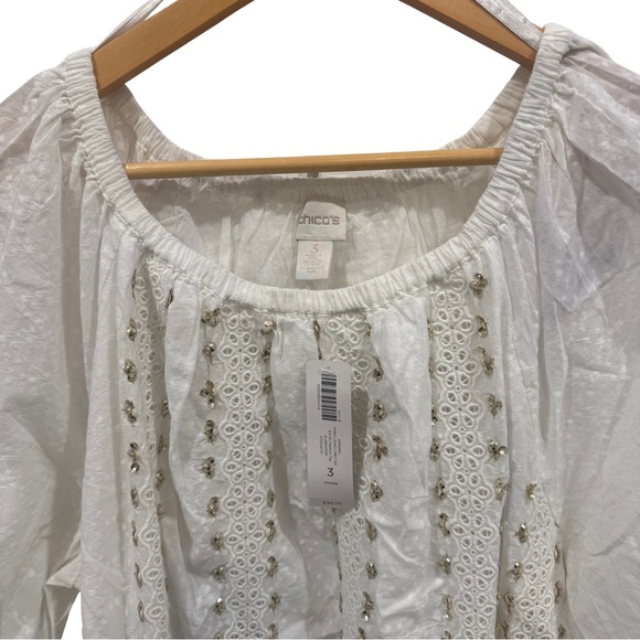 Chico’s Size 3 US XL 16–18 White Alabaster Embellished Eyelet Peasant Boho Top - Picture 3 of 7
